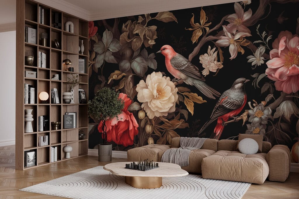 Uccelli tra fiori scuri — ambiente 2