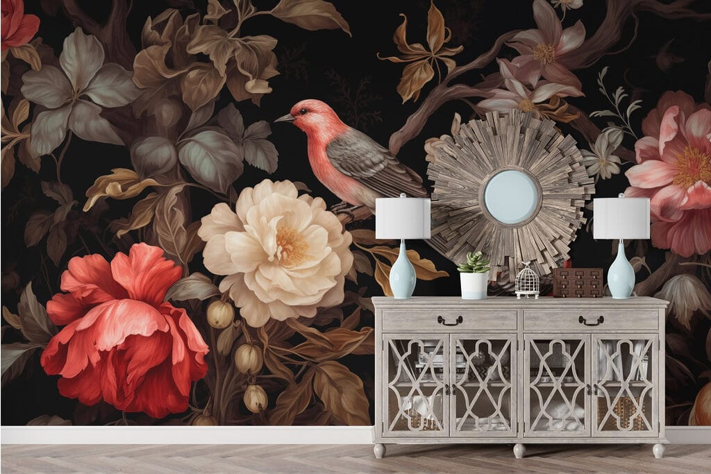 Uccelli tra fiori scuri — ambiente 3