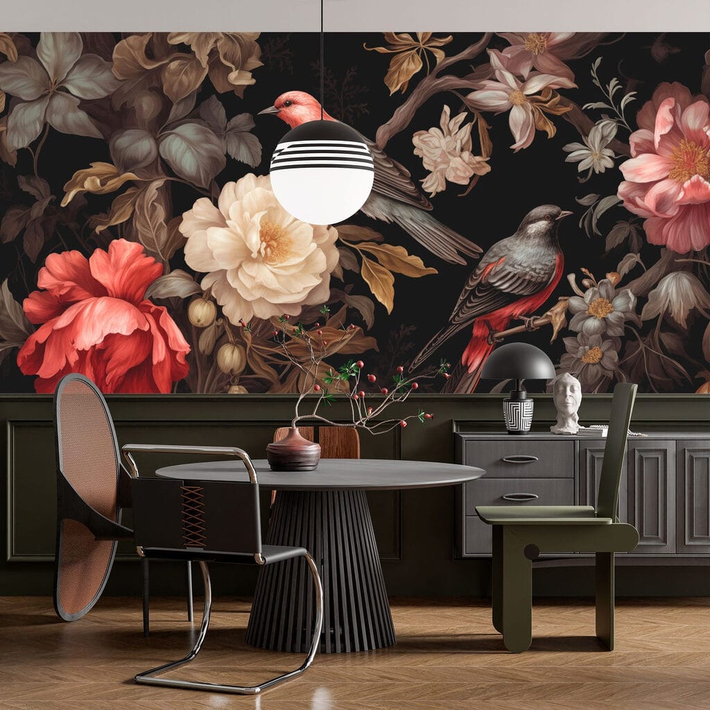 Uccelli tra fiori scuri — ambiente 4