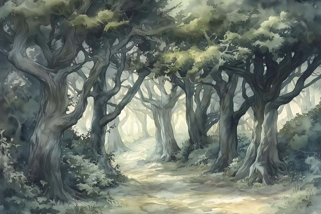 Sentiero tra alberi contorti — design completo
