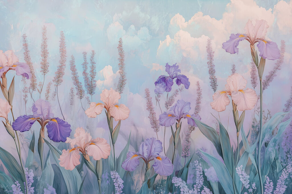 Iris tra nuvole rosa — design completo