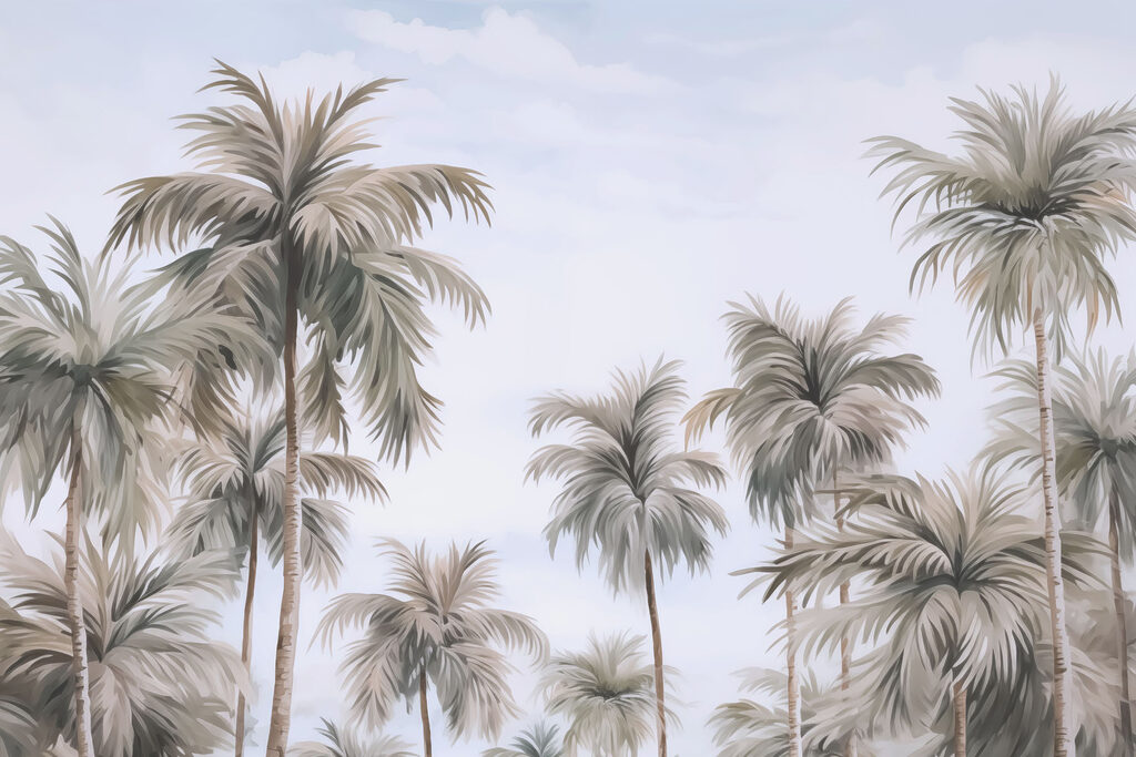 Palme alte, cielo lilla — design completo