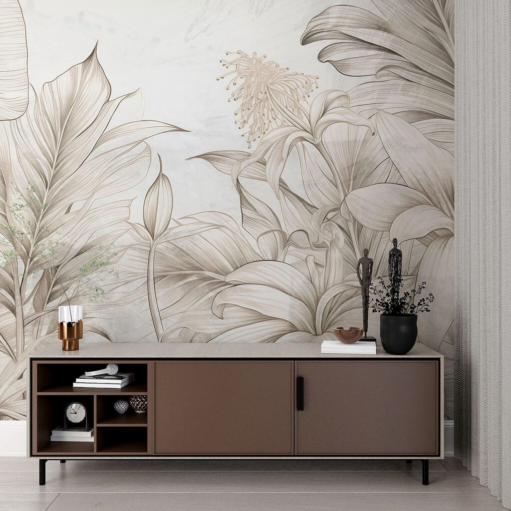 Piante tropicali tratteggiate in un ambiente
