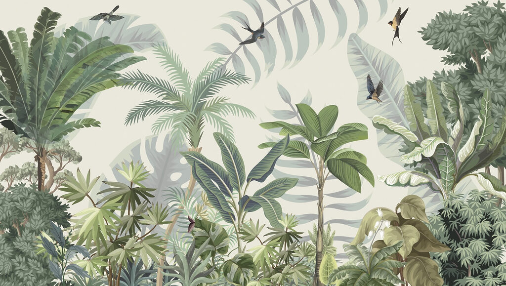 Bosco tropicale con uccelli — design completo