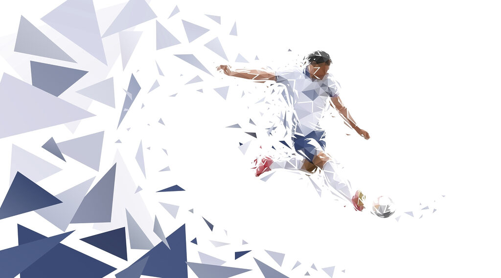 Calciatore tra frammenti blu — design completo