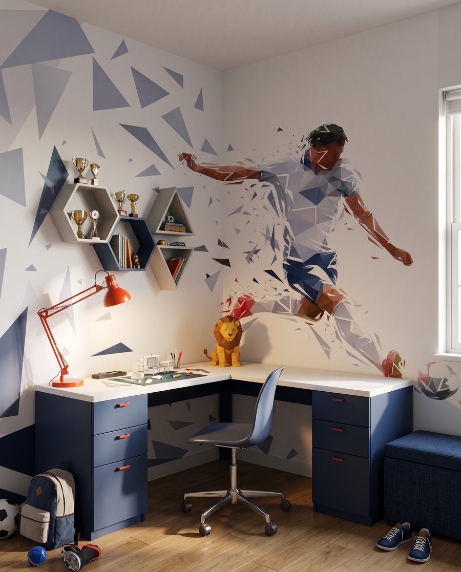 Calciatore tra frammenti blu — ambiente 3
