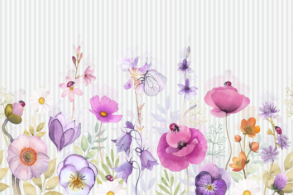 Fiori viola su righe — design completo