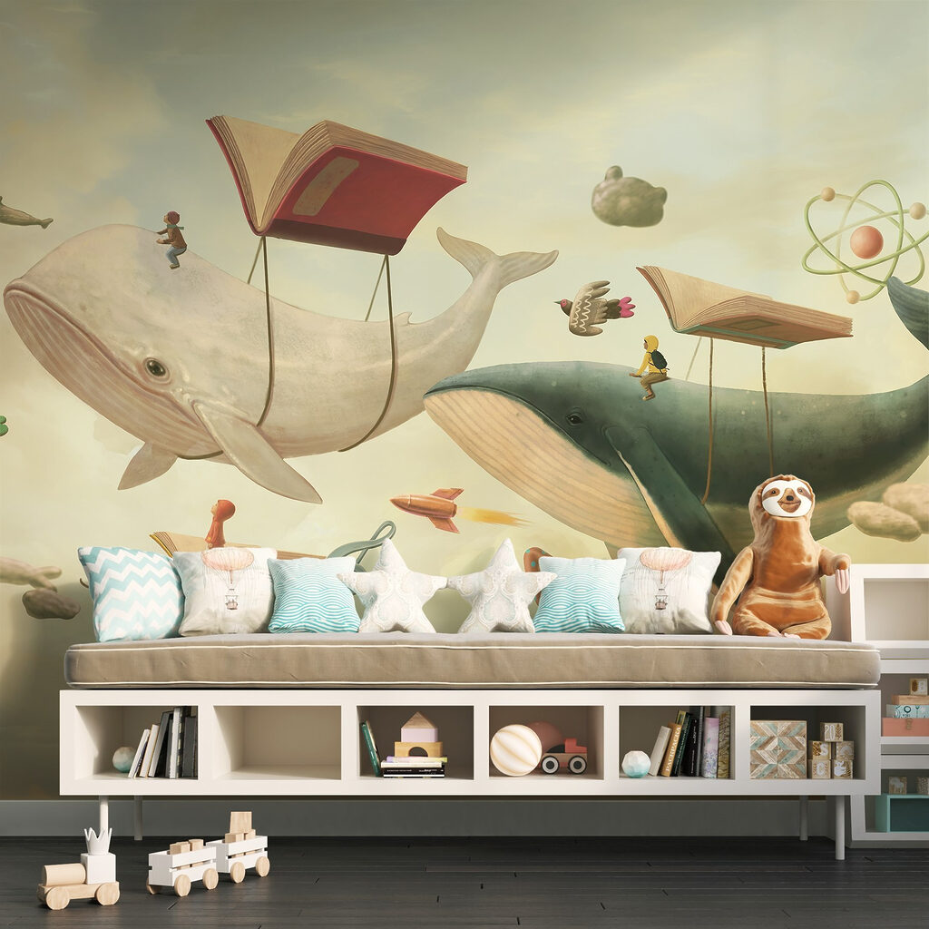 Balene tra i libri in un ambiente