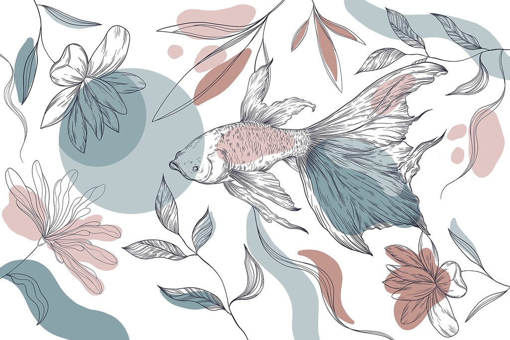 Pesce tra fiori disegnati — design completo