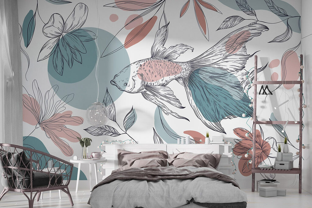 Pesce tra fiori disegnati in un ambiente