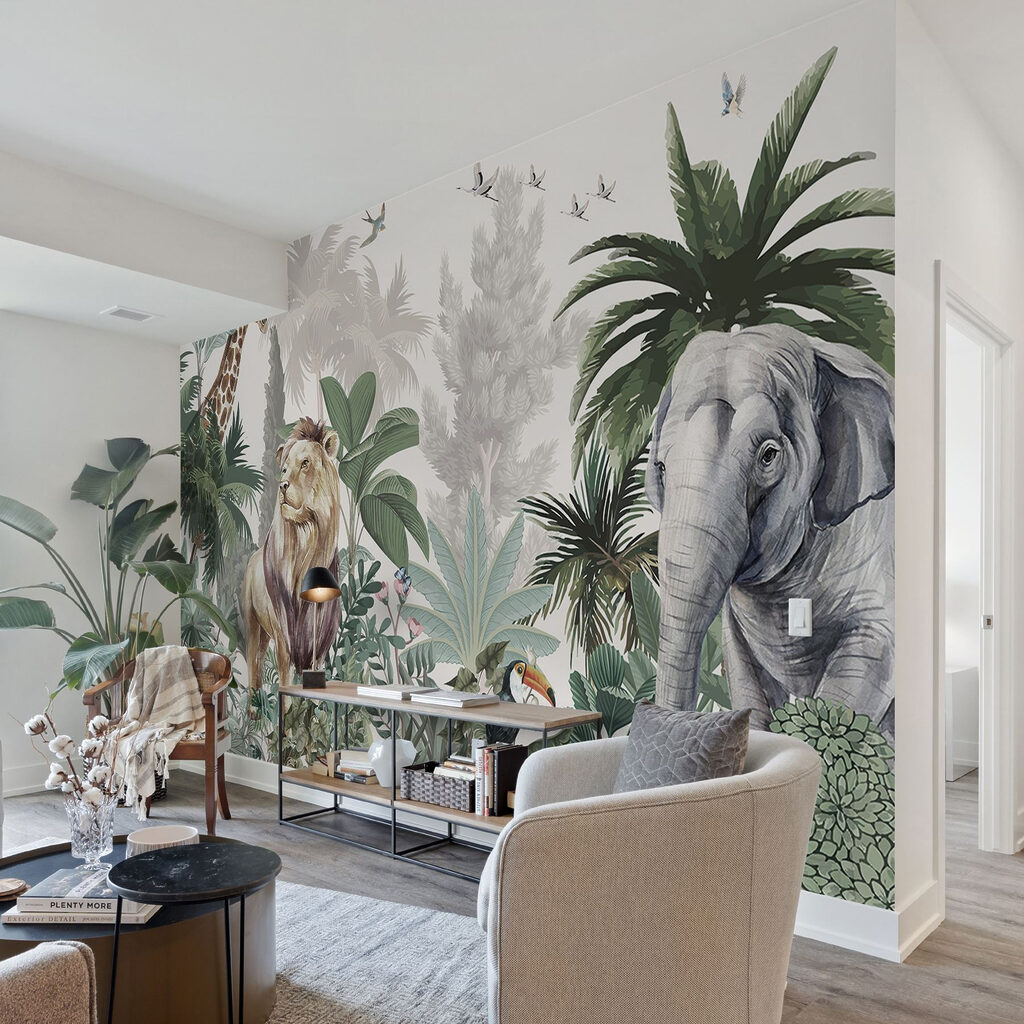 Leone, elefante e giraffa in un ambiente
