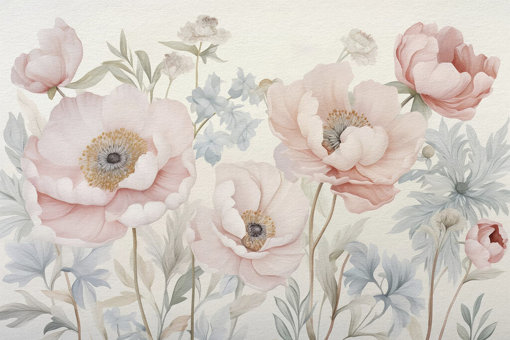 Fiori tra foglie grigie — design completo