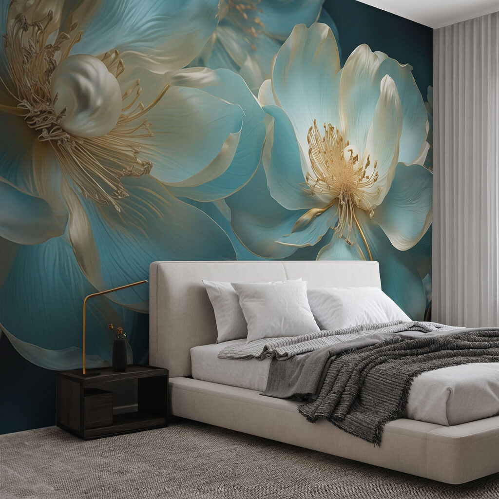 Fiori turchesi e oro in un ambiente