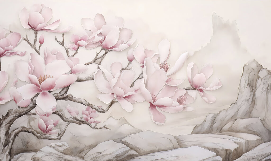 Magnolia rosa e montagne — design completo