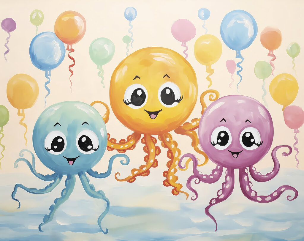 Polpi tra palloncini — design completo