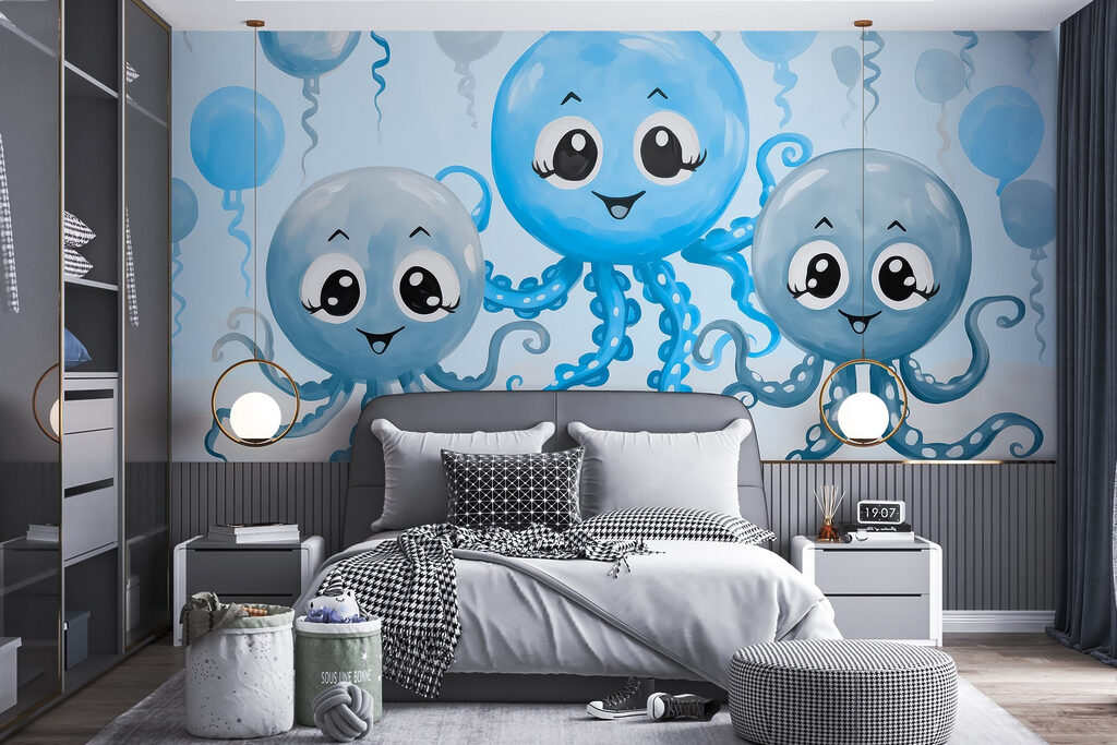 Polpi tra palloncini in un ambiente