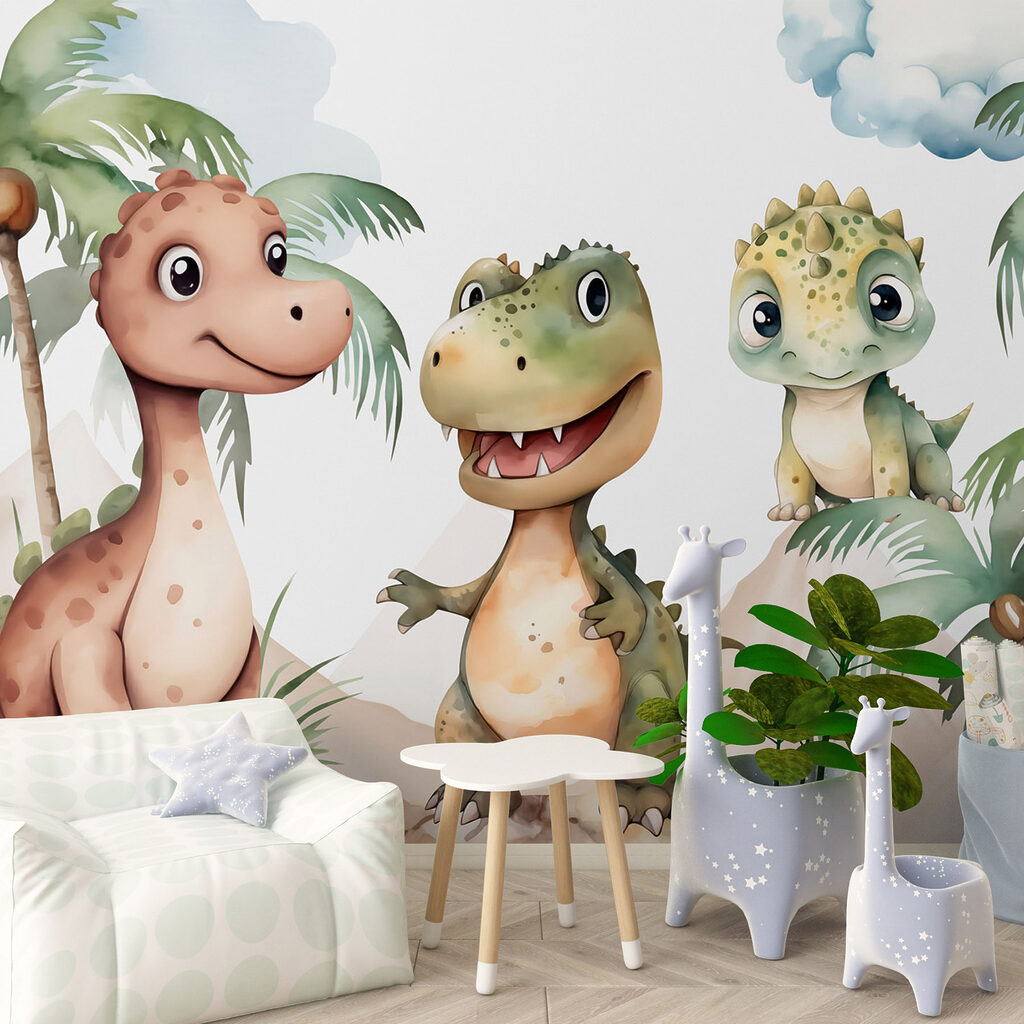 Dinosauri tra le palme in un ambiente