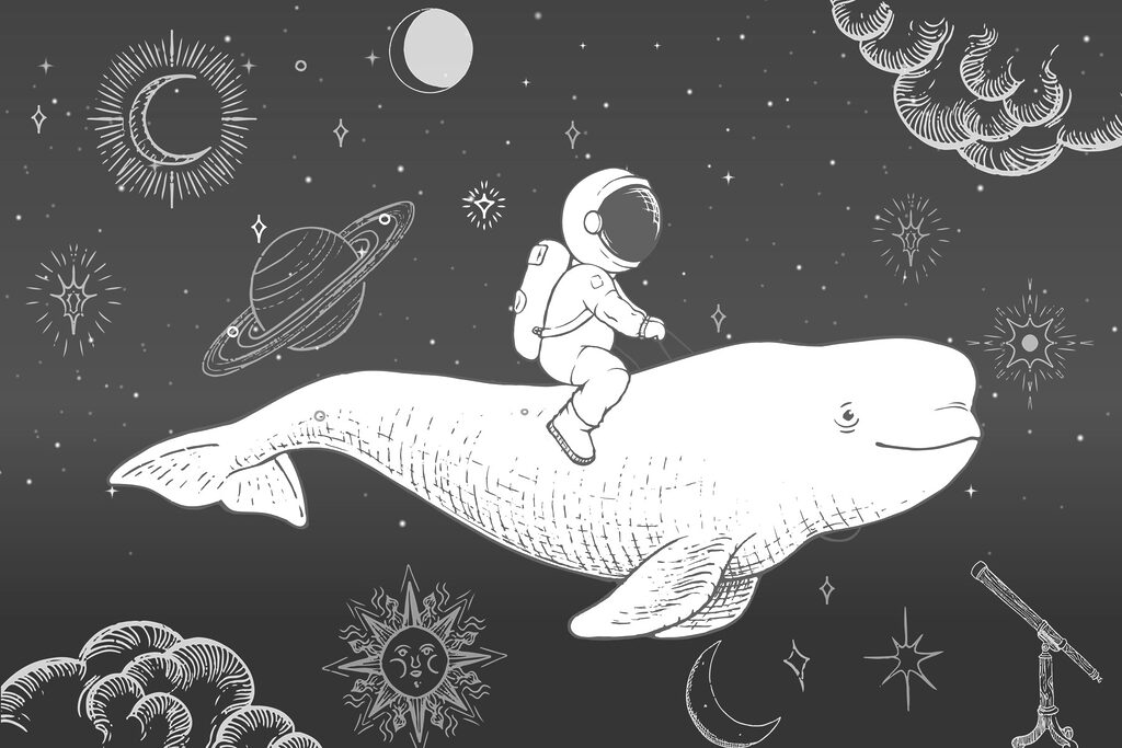 Astronauta su balena spaziale — design completo