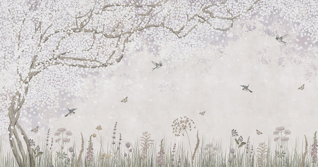 Albero fiorito con uccelli — design completo