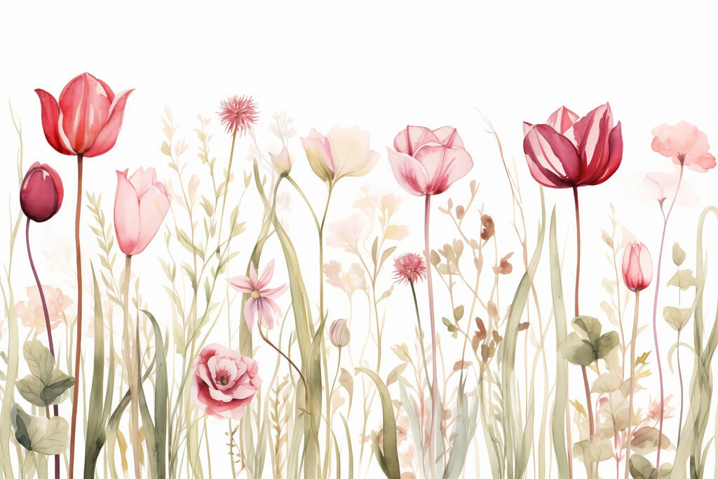 Tulipani rosa tra fiori — design completo