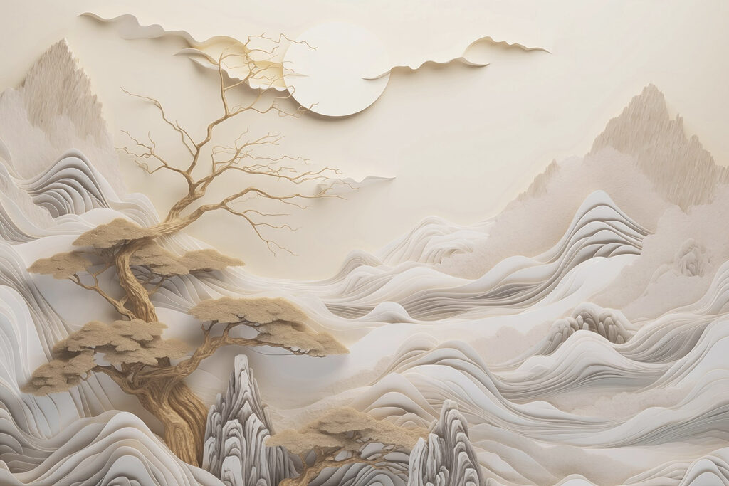 Albero dorato tra colline — design completo