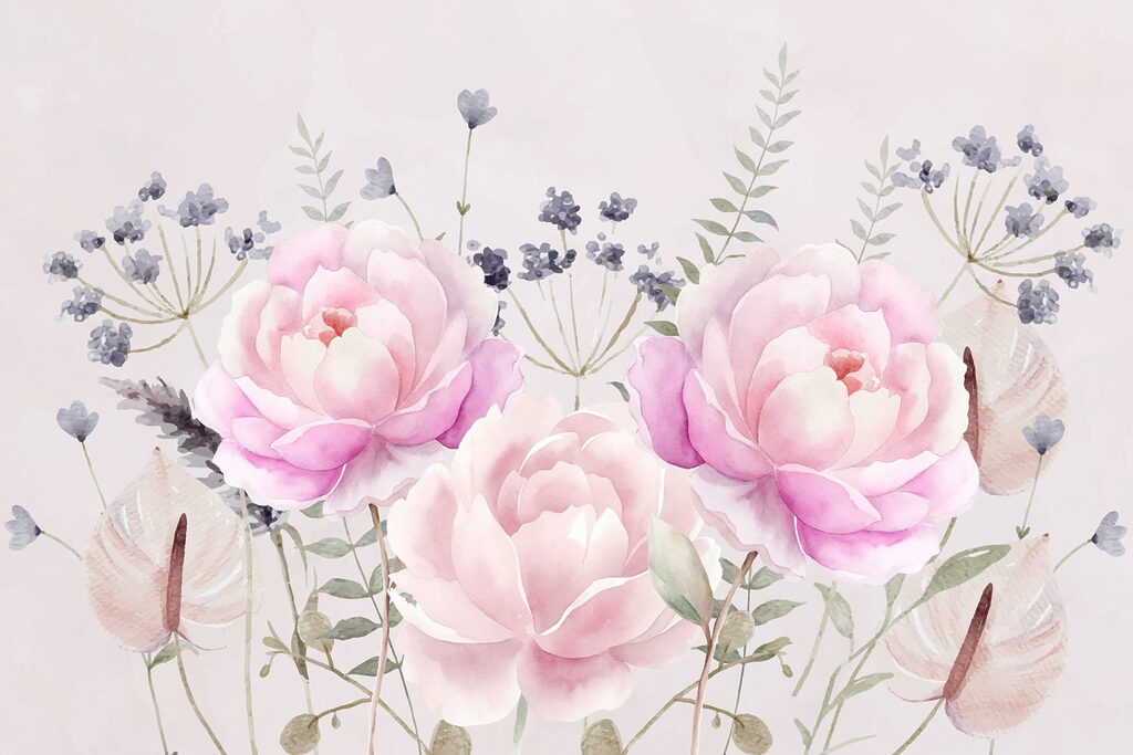 Peonie rosa tra fiori — design completo