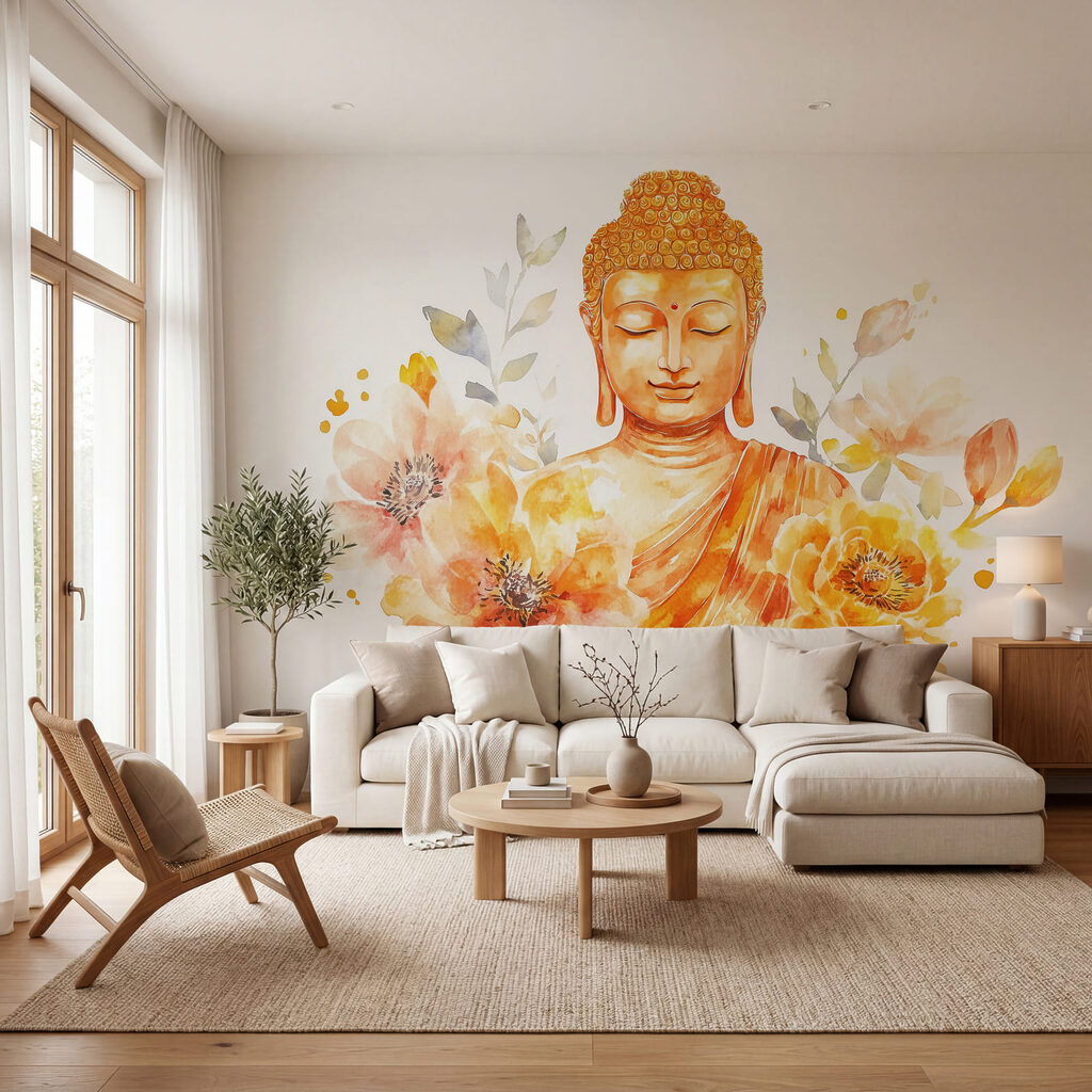 Buddha tra i fiori in un ambiente