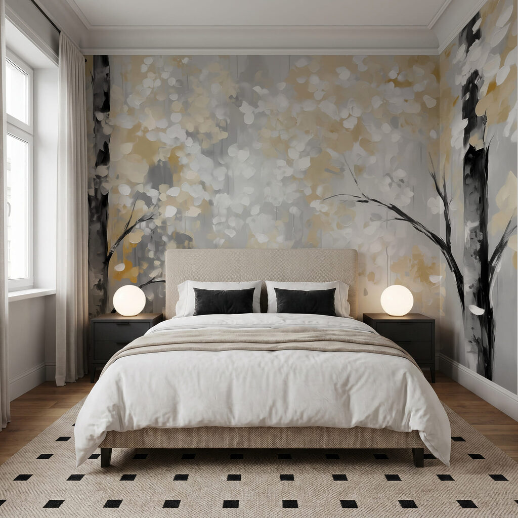 Foglie dorate tra tronchi — ambiente 2