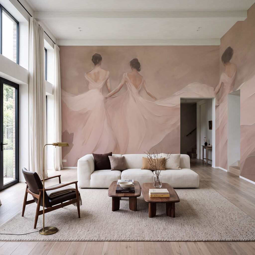 Tre ballerine in rosa in un ambiente
