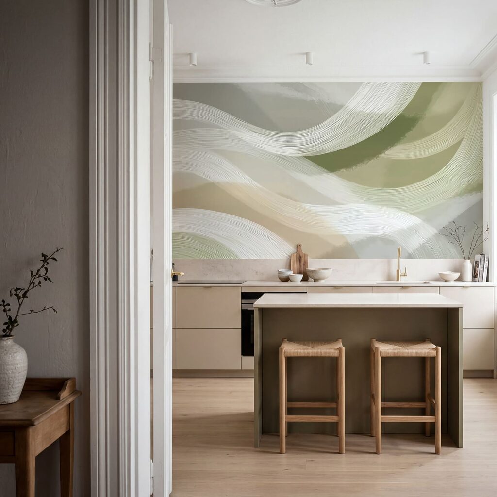 Pennellate bianche su oliva — ambiente 3