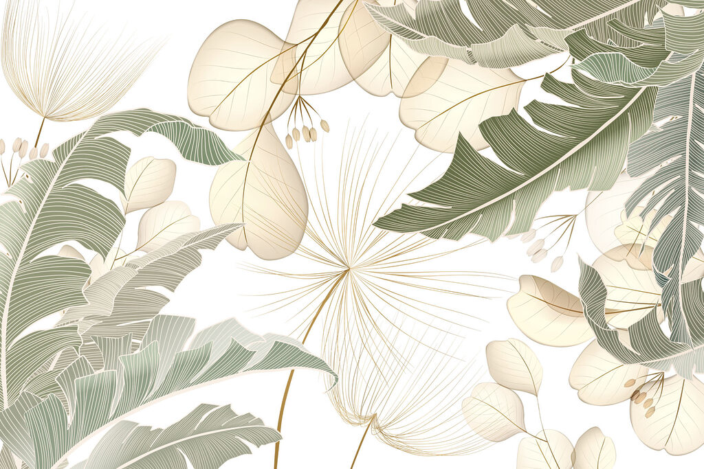 Foglie tropicali e soffioni — design completo