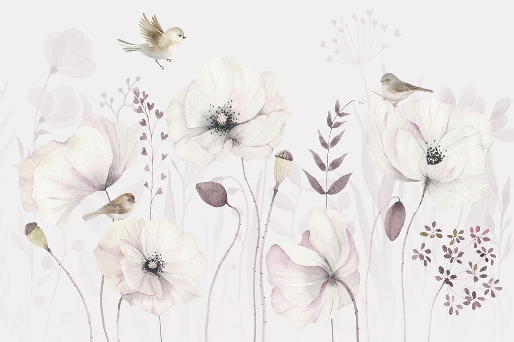 Uccellini tra fiori pallidi — design completo
