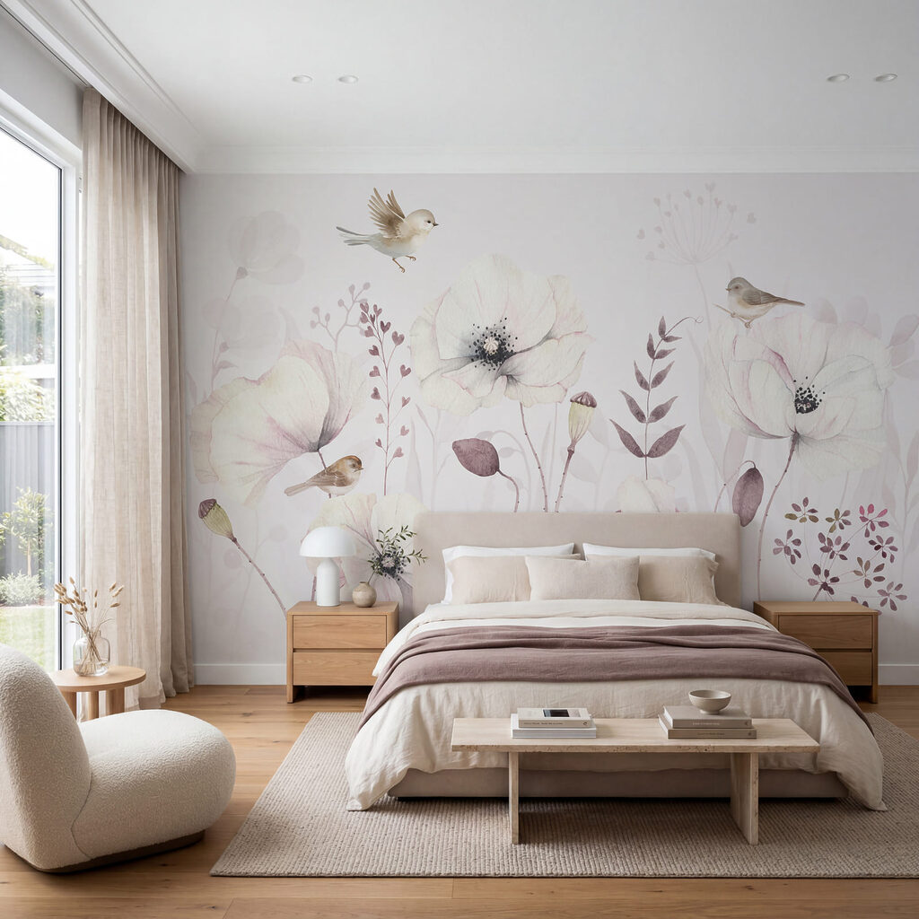 Uccellini tra fiori pallidi — ambiente 2