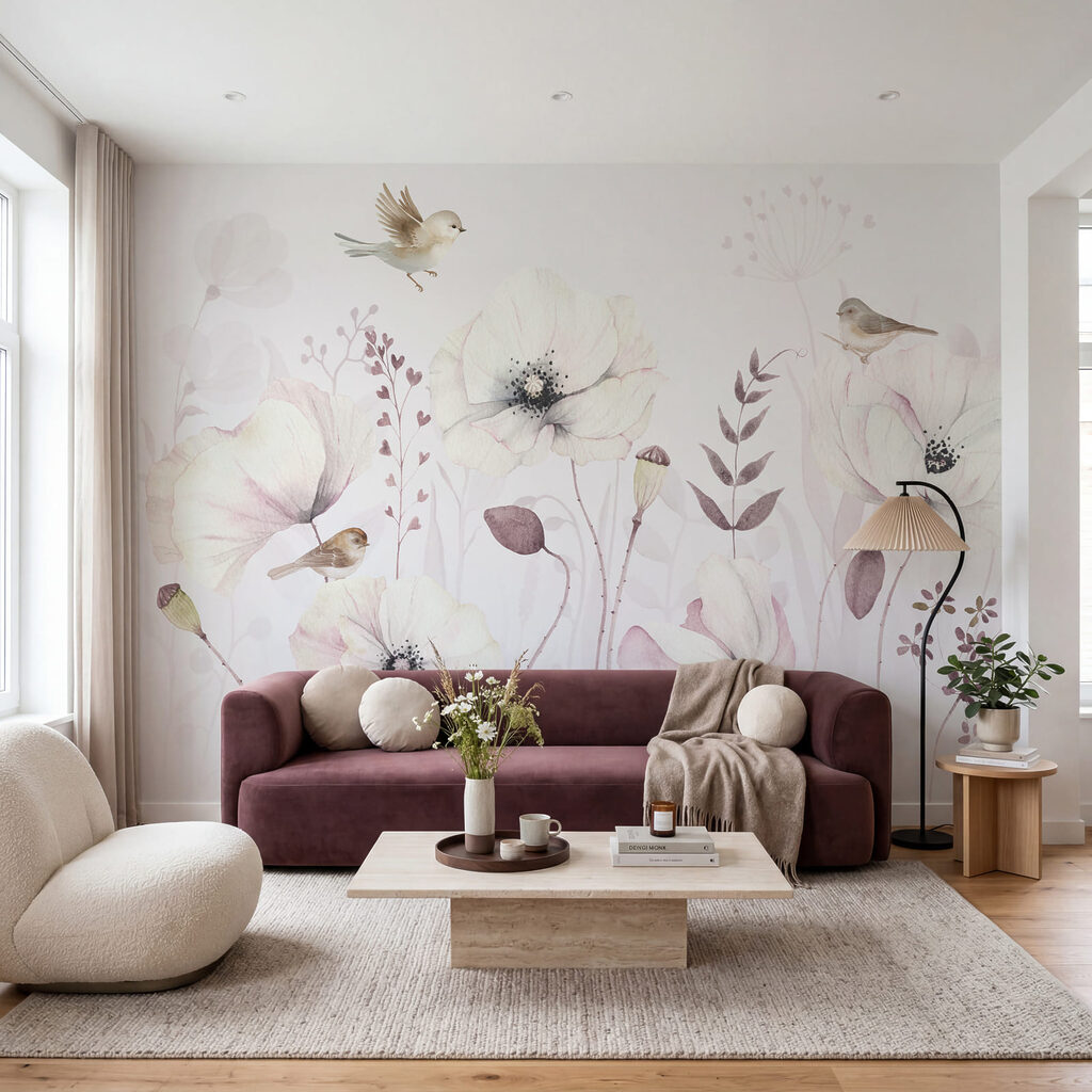 Uccellini tra fiori pallidi in un ambiente