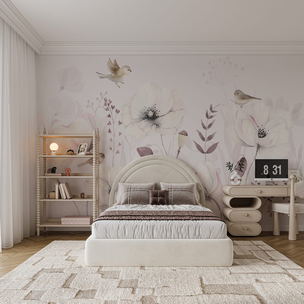 Uccellini tra fiori pallidi — ambiente 3
