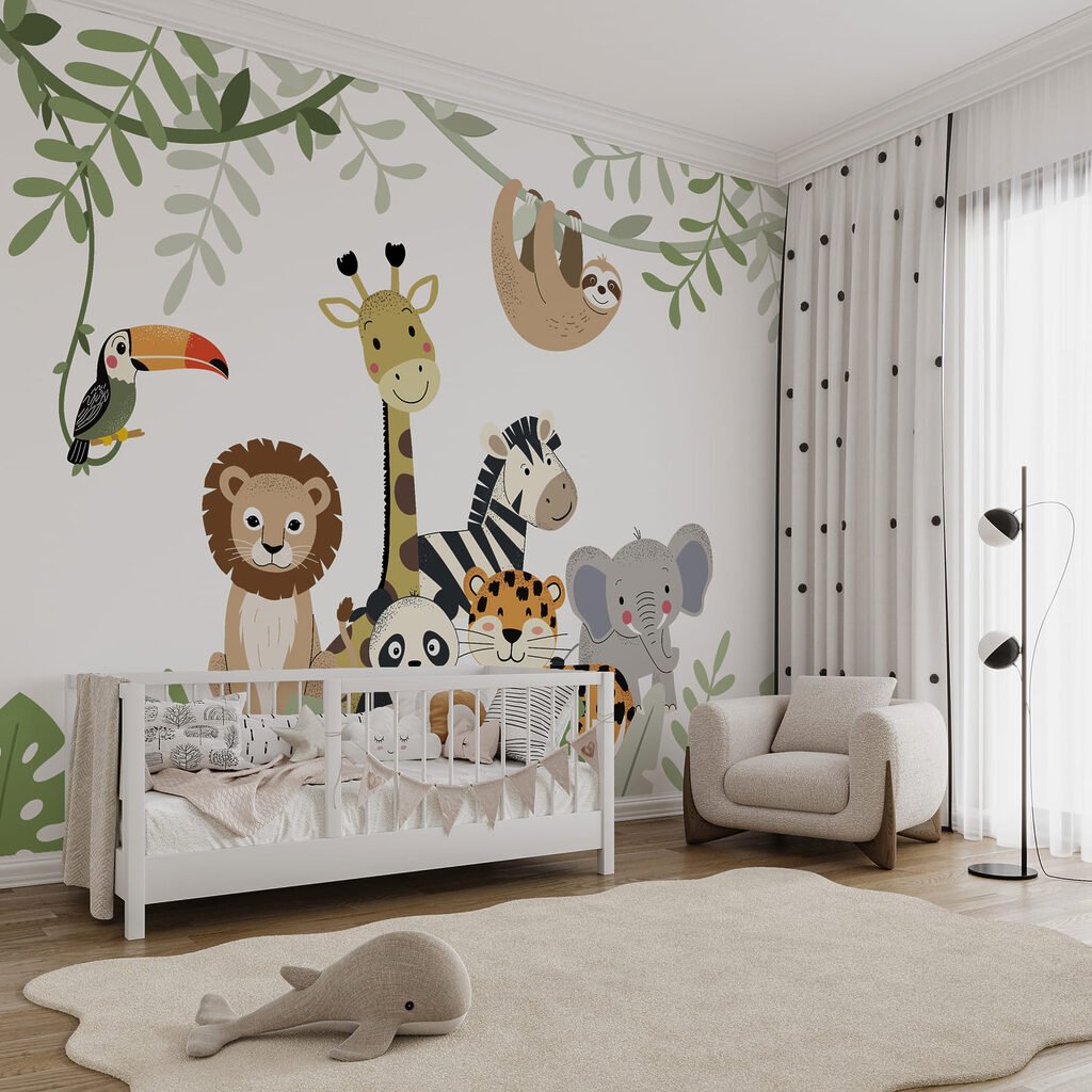 Animali in cerchio verde in un ambiente