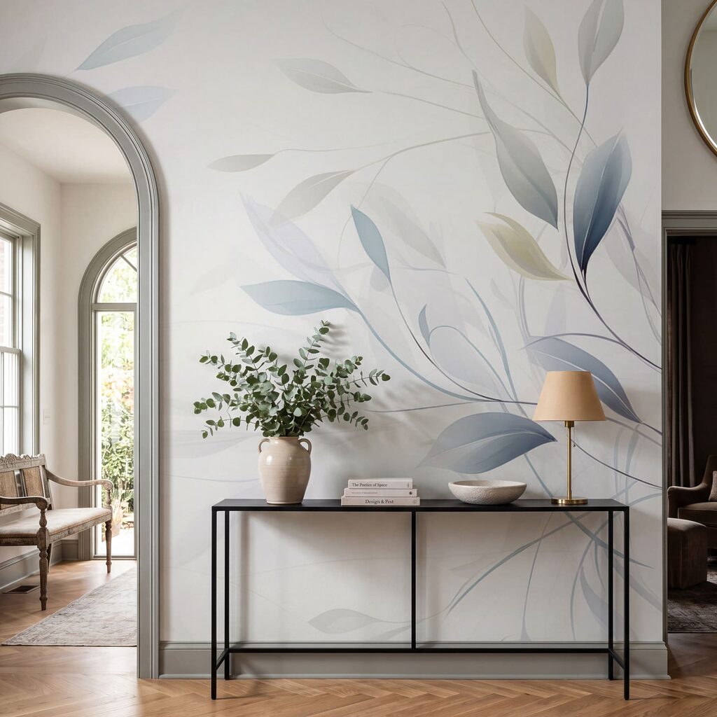 Foglie blu su bianco in un ambiente
