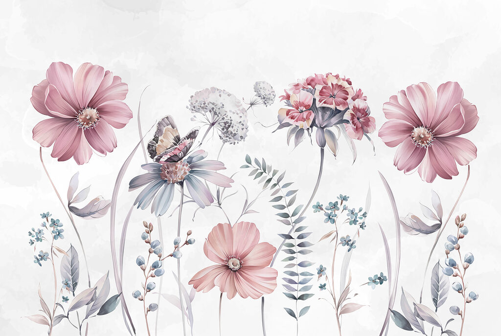 Fiori rosa con farfalla — design completo