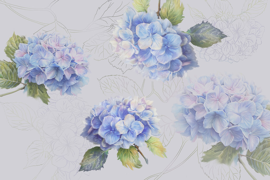 Ortensie con foglie disegnate — design completo