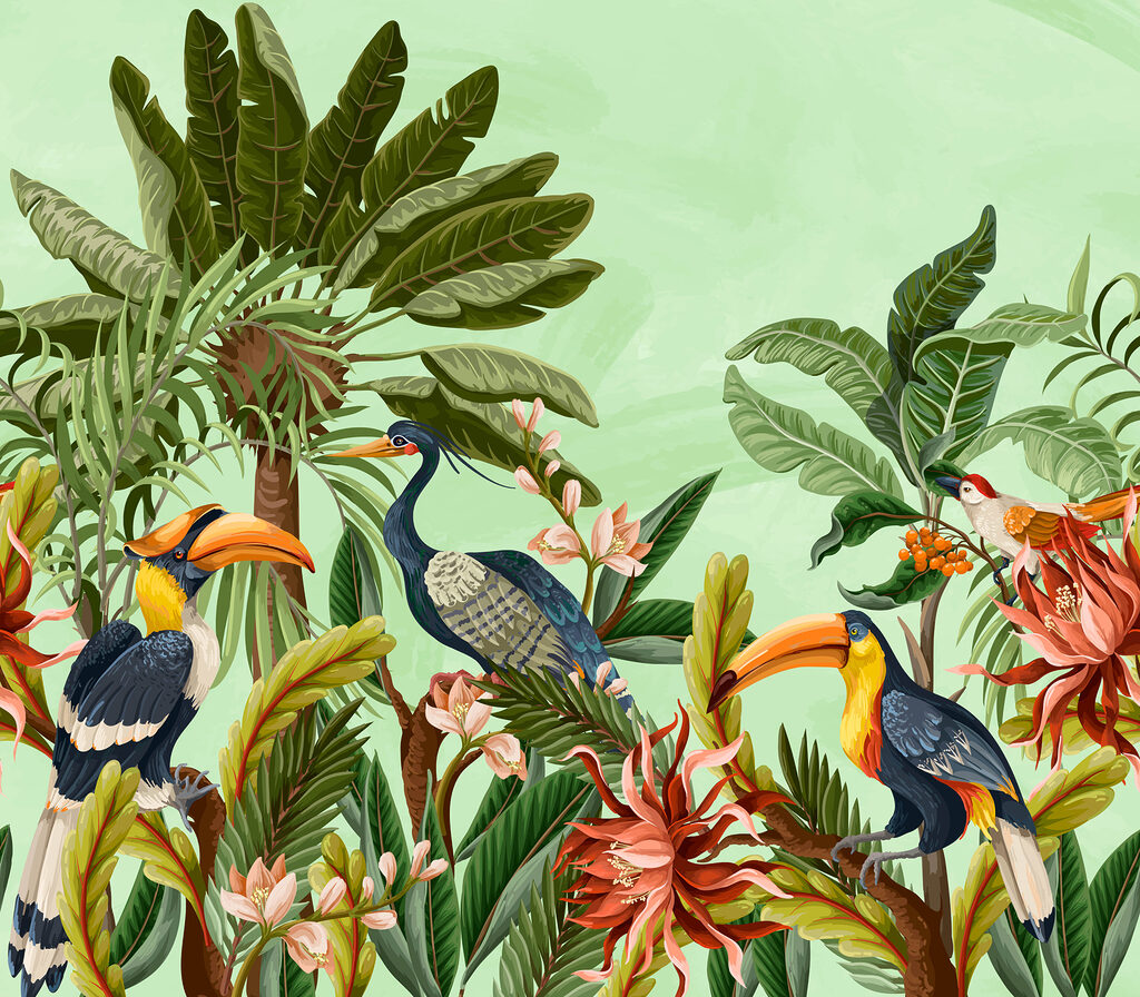 Tucani tra fiori colorati — design completo