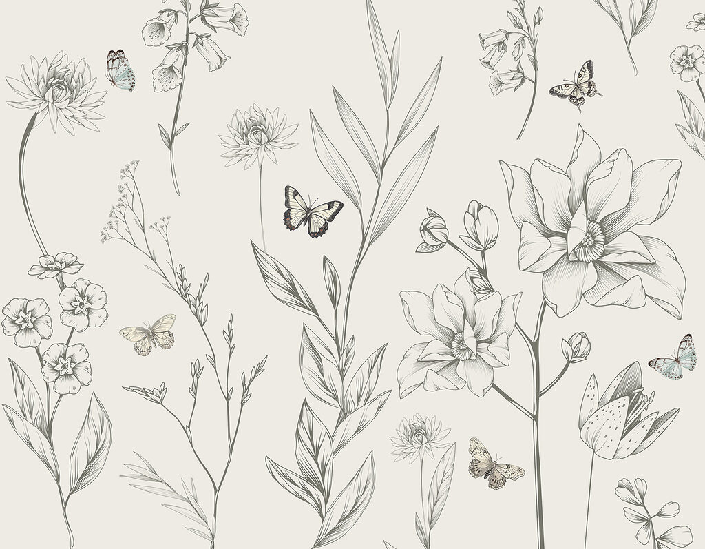 Farfalle tra fiori disegnati — design completo