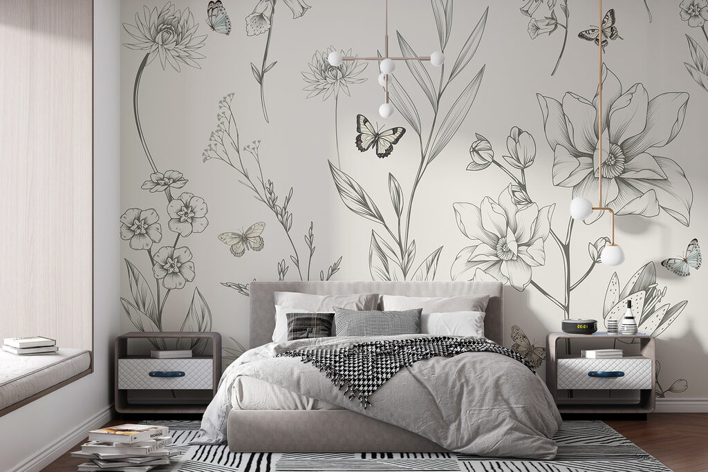 Farfalle tra fiori disegnati — ambiente 3