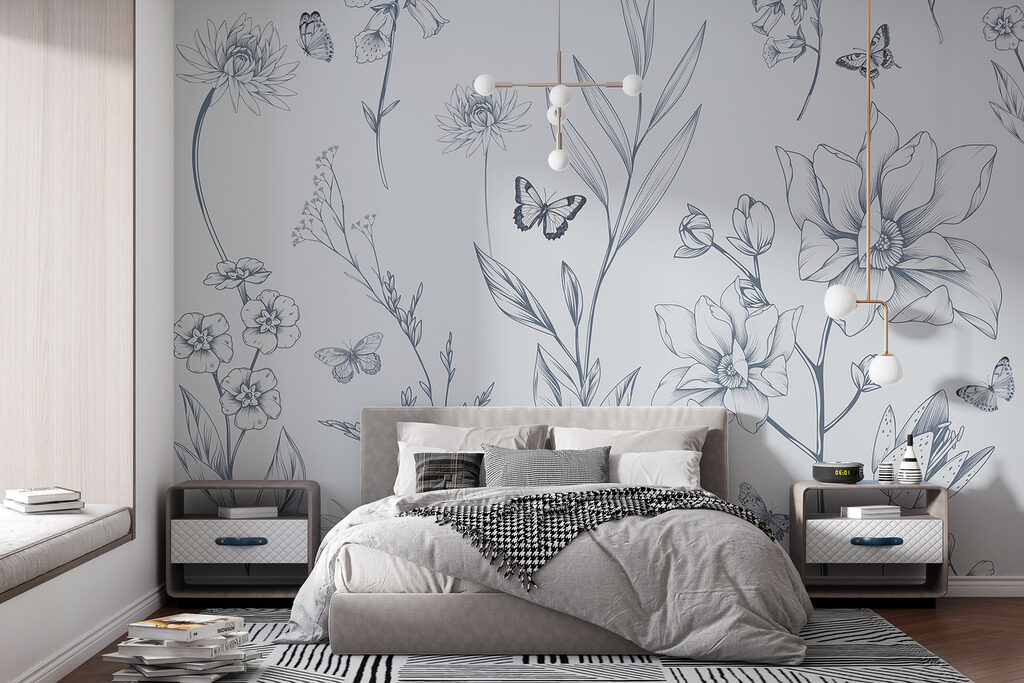 Farfalle tra fiori disegnati — ambiente 1