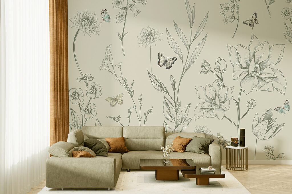 Farfalle tra fiori disegnati — ambiente 3