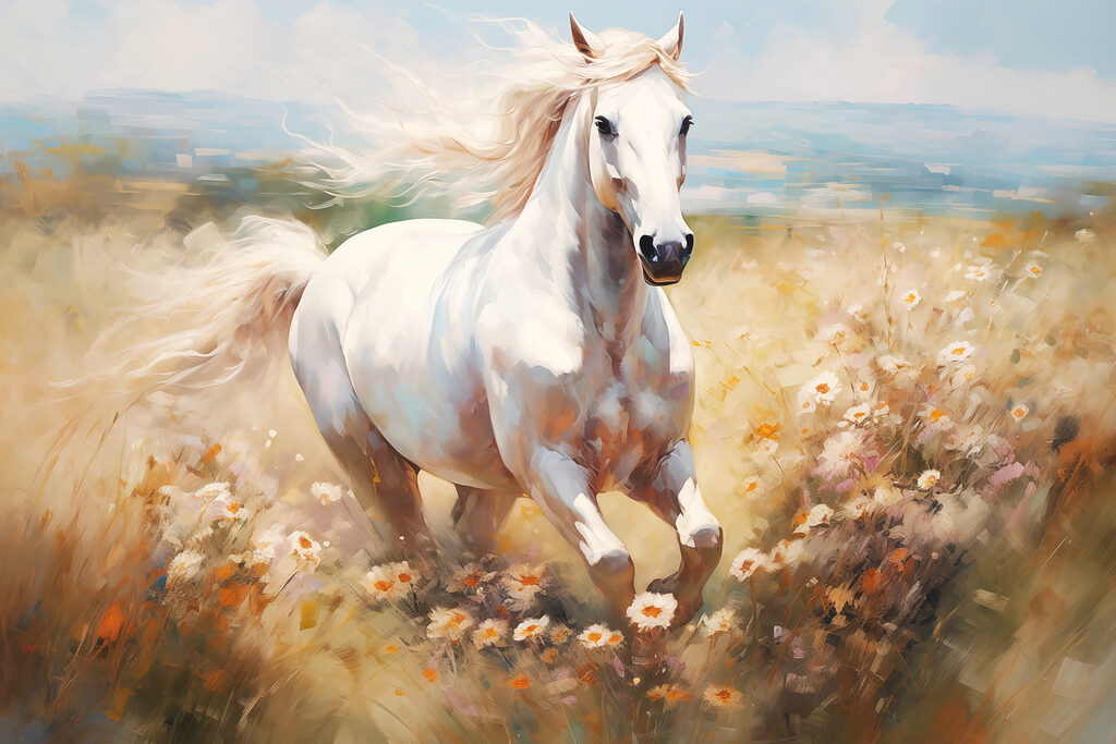 Cavallo bianco tra fiori — design completo