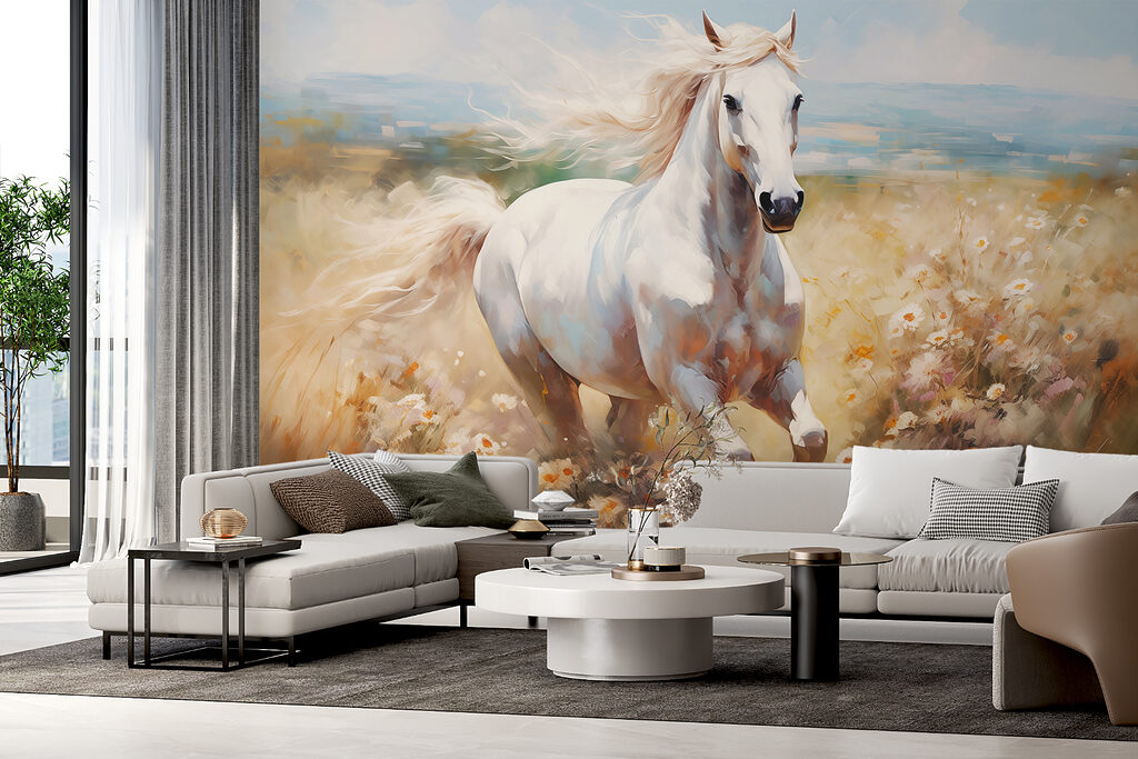 Cavallo bianco tra fiori in un ambiente