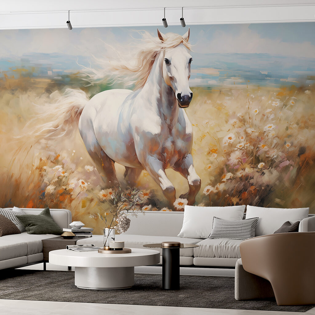 Cavallo bianco tra fiori — ambiente 2