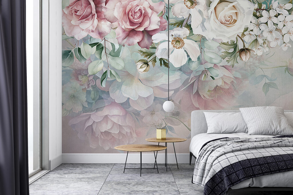 Fiori sospesi su pastello — ambiente 1