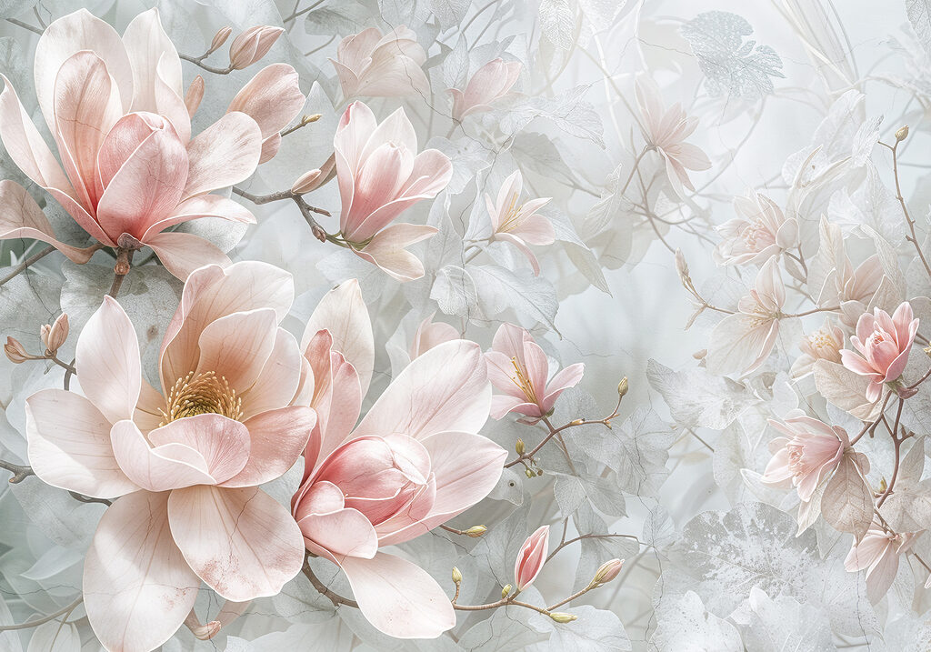 Fioritura rosa su grigio-azzurro — design completo