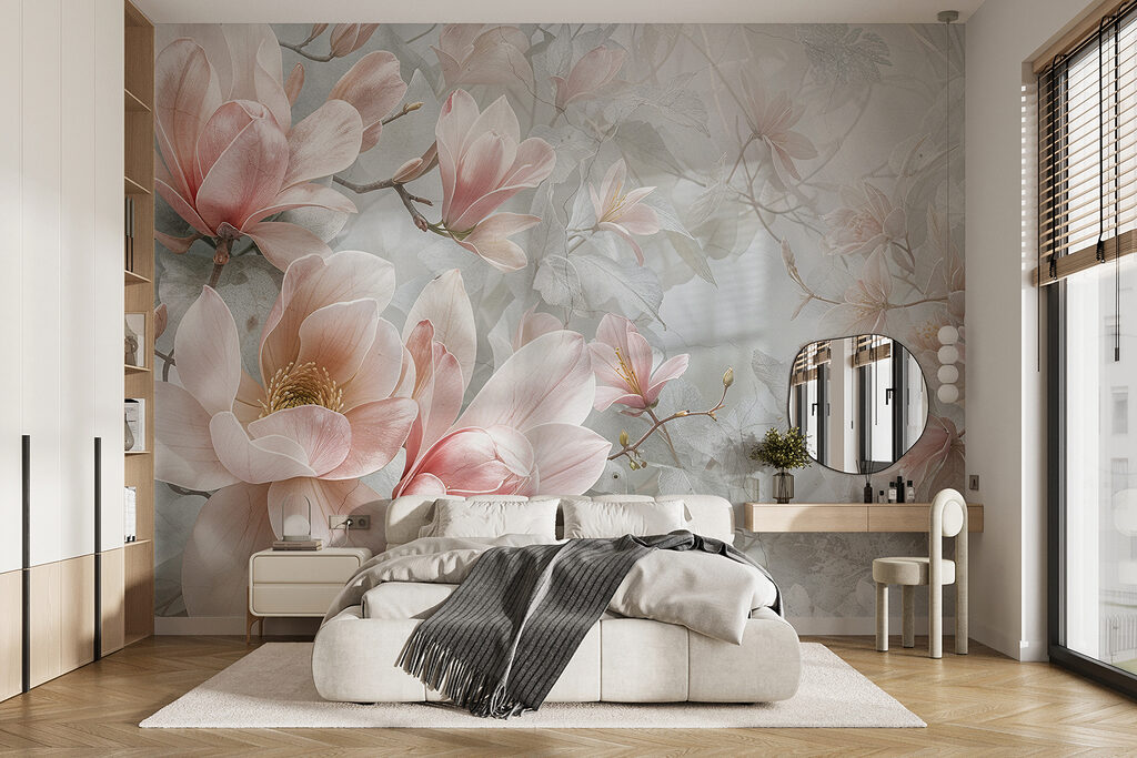 Fioritura rosa su grigio-azzurro in un ambiente